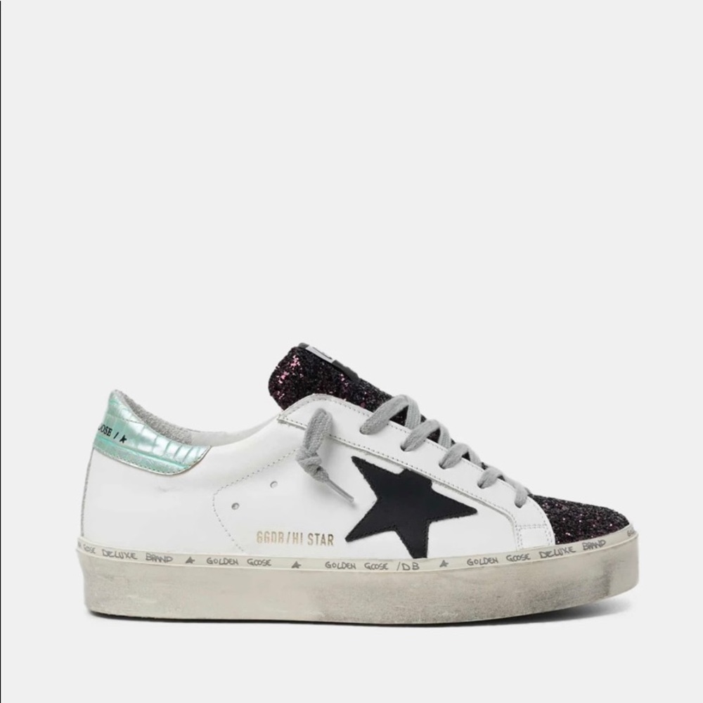 Golden Goose White Hi-Star sneakers with glittery insert and black star size 7